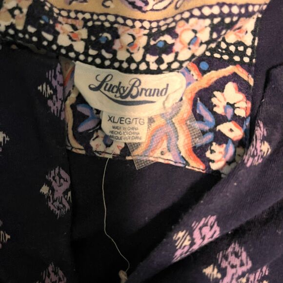 Lucky Brand Tunic XL Blue Batik Print Contrast Hem 3/4 Sleeve Bohochic Top - Picture 5 of 10